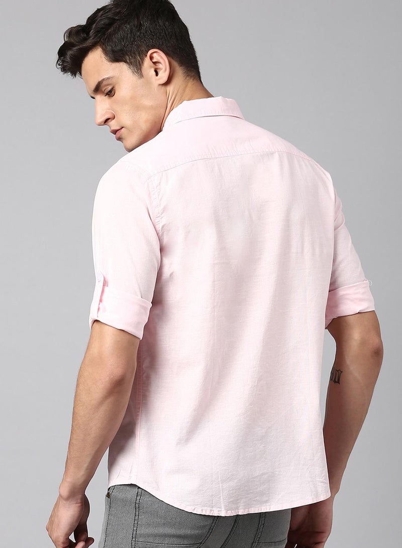 Dennis Lingo Slim Fit Pink Men's Solid Shirt, Spread Collar, Full Sleeves, 100% Cotton, - Image 3