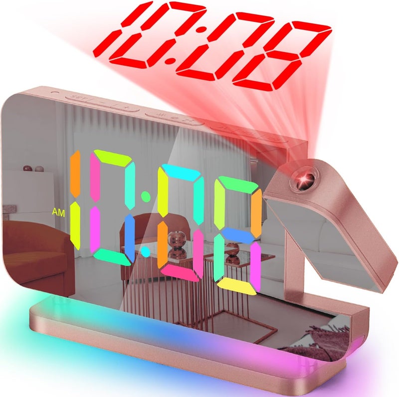 SZELAM Projection Alarm Clock,7.4 in LED Mirror Digital Clocks Projection on Ceiling Wall,with RGB Night Light,USB C Charging Port,Auto Dimming,Modern Desk Clock for Bedroom Decor - Rose Gold - Image 1
