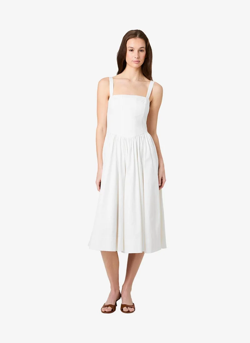 Women's Sum Wht Ctn Stn Fitted Bodice Midi Dress