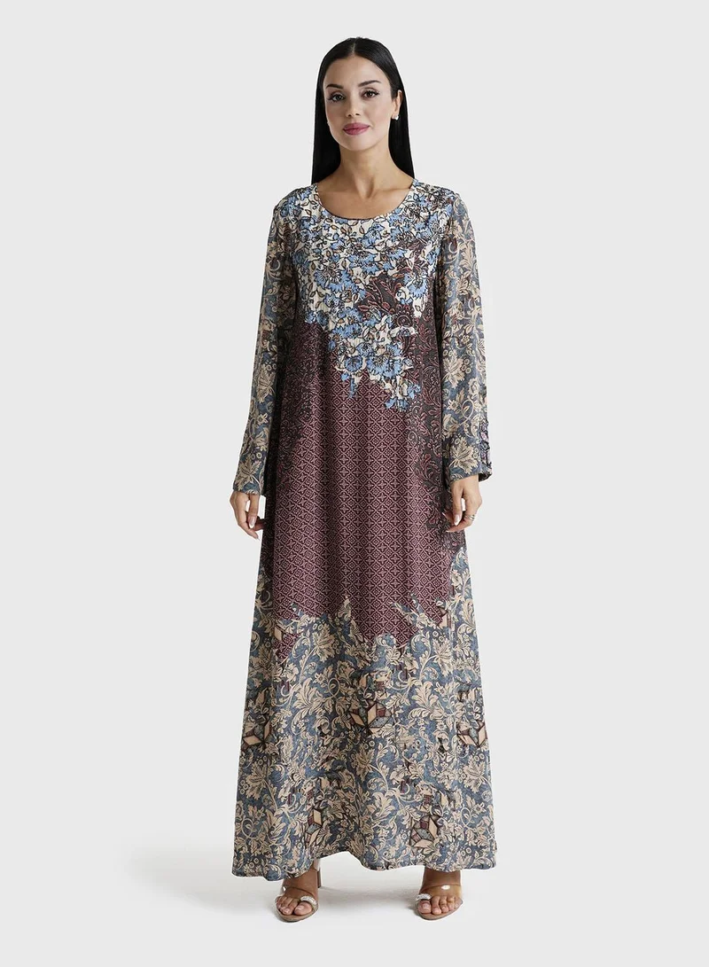 KASHKHA Dark Brown Floral and Geometric Printed Viscose Crepe Jalabiya (VDE384)