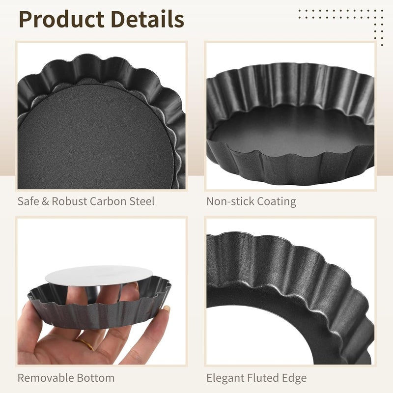 16 Mini Tart Pans, 3.9 Round Nonstick Fluted Molds with Removable Bottom for Pies, Quiches, Desserts, Carbon Steel Pizza Molds - Image 2