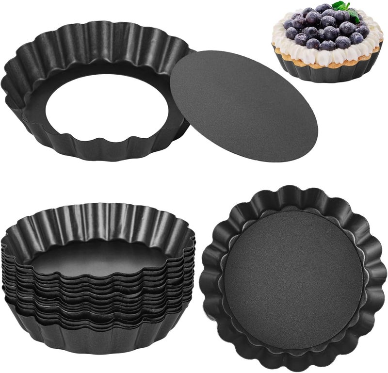 16 Mini Tart Pans, 3.9 Round Nonstick Fluted Molds with Removable Bottom for Pies, Quiches, Desserts, Carbon Steel Pizza Molds - Image 1