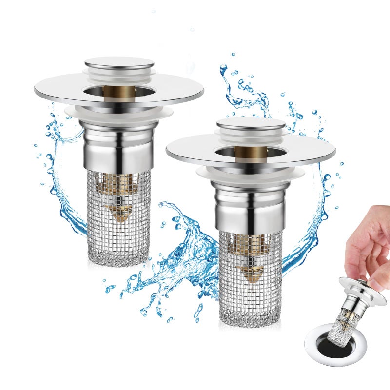 Nevellir 2 Pack Bathroom Sink Stopper for 106150in Universal Drain Filter with Hair Strainer Universal Bathroom Sink Drain Pop Up Stopper for US Stainless Steel Floor Drain Filter