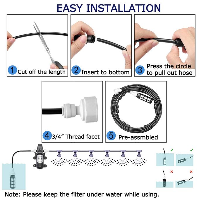 CozyCabin Outdoor Misting Cooling System With Pump 40Ft (12M) Misting Line With Filter + 6 Brass Mist Nozzles (3/4") For Patio Garden Greenhouse Watering Distribution System (12M (40Ft)) - Image 3