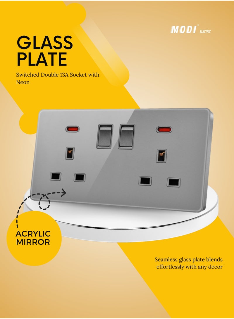 Vmax Double 13A Socket with Neon | UK Standard Power Outlet with Dual Switch & LED Indicator | Fire-Resistant, Overload Protection, Universal Compatibility for Home, Office & Commercial Use (GREY) - Image 5