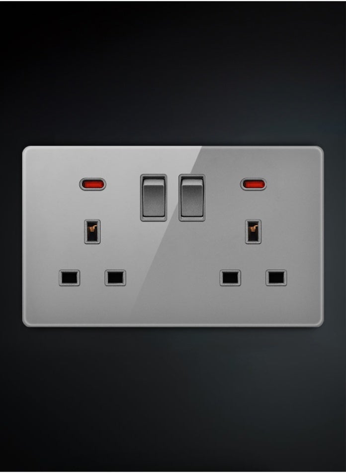 Vmax Double 13A Socket with Neon | UK Standard Power Outlet with Dual Switch & LED Indicator | Fire-Resistant, Overload Protection, Universal Compatibility for Home, Office & Commercial Use (GREY) - Image 1