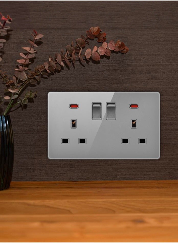 Vmax Double 13A Socket with Neon | UK Standard Power Outlet with Dual Switch & LED Indicator | Fire-Resistant, Overload Protection, Universal Compatibility for Home, Office & Commercial Use (GREY) - Image 2
