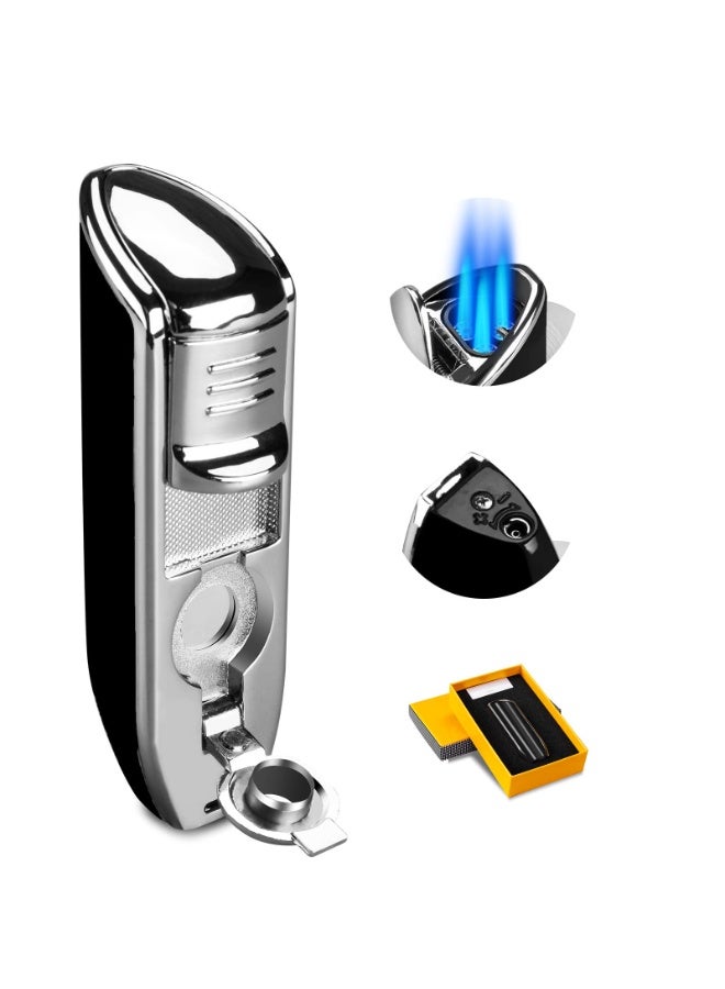 Hemingway Cigar Lighter – Triple Jet Torch – Built-in Punch Cutter – Windproof Metal – Black – Gift Box (No Gas) - Image 1