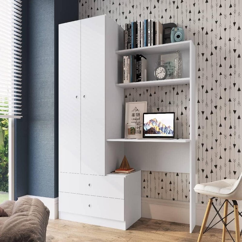 Compact Ilheus Cabinet with Wardrobe and Desk, White