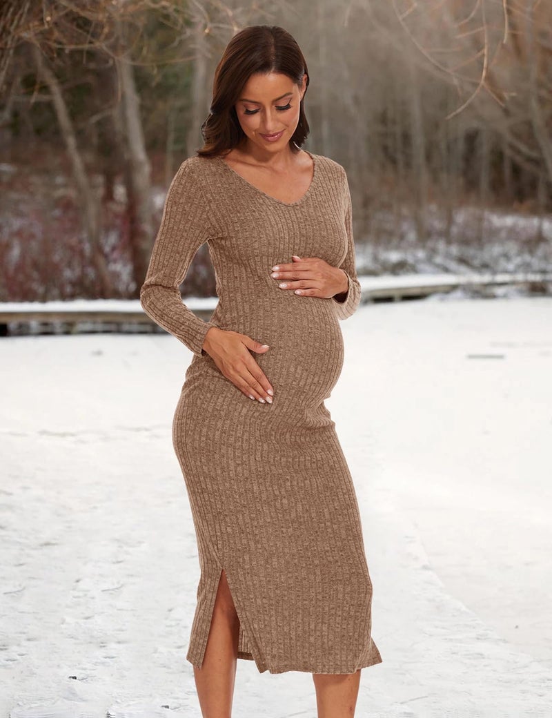 LAHILO Long Sleeve Maternity Sweater Dress for Fall Winter Baby Shower & Photoshoot - Women's Pregnancy Maternity Dresses Camel - Image 5