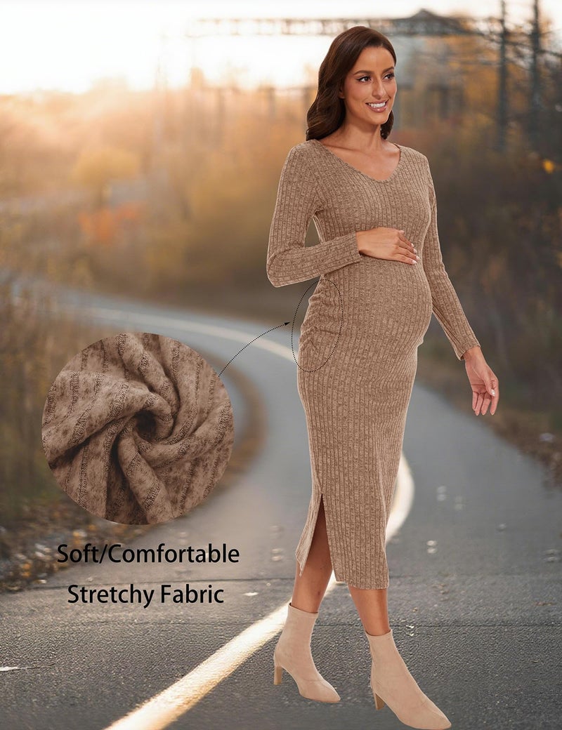 LAHILO Long Sleeve Maternity Sweater Dress for Fall Winter Baby Shower & Photoshoot - Women's Pregnancy Maternity Dresses Camel - Image 4