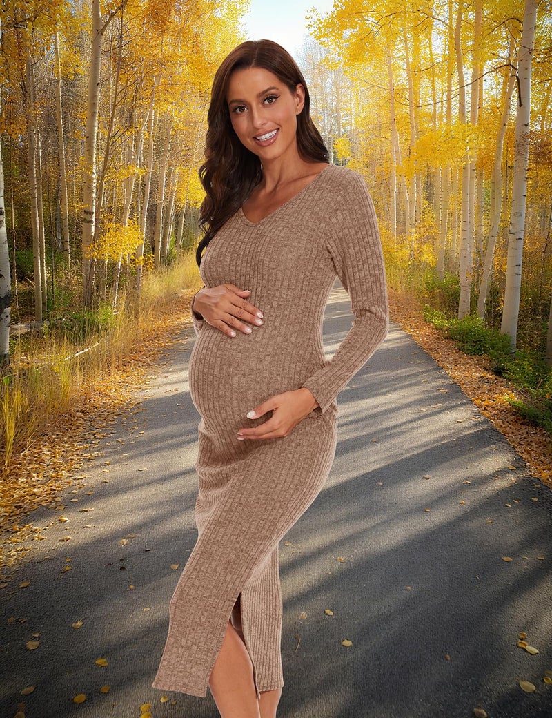 LAHILO Long Sleeve Maternity Sweater Dress for Fall Winter Baby Shower & Photoshoot - Women's Pregnancy Maternity Dresses Camel - Image 3