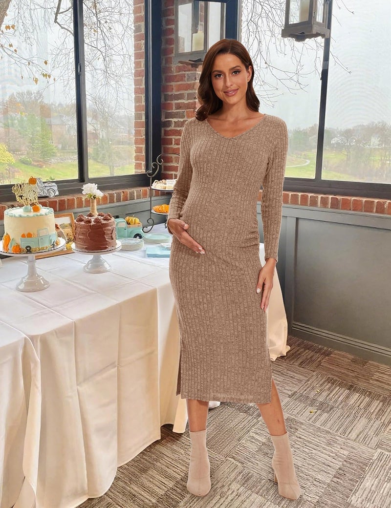 LAHILO Long Sleeve Maternity Sweater Dress for Fall Winter Baby Shower & Photoshoot - Women's Pregnancy Maternity Dresses Camel - Image 2