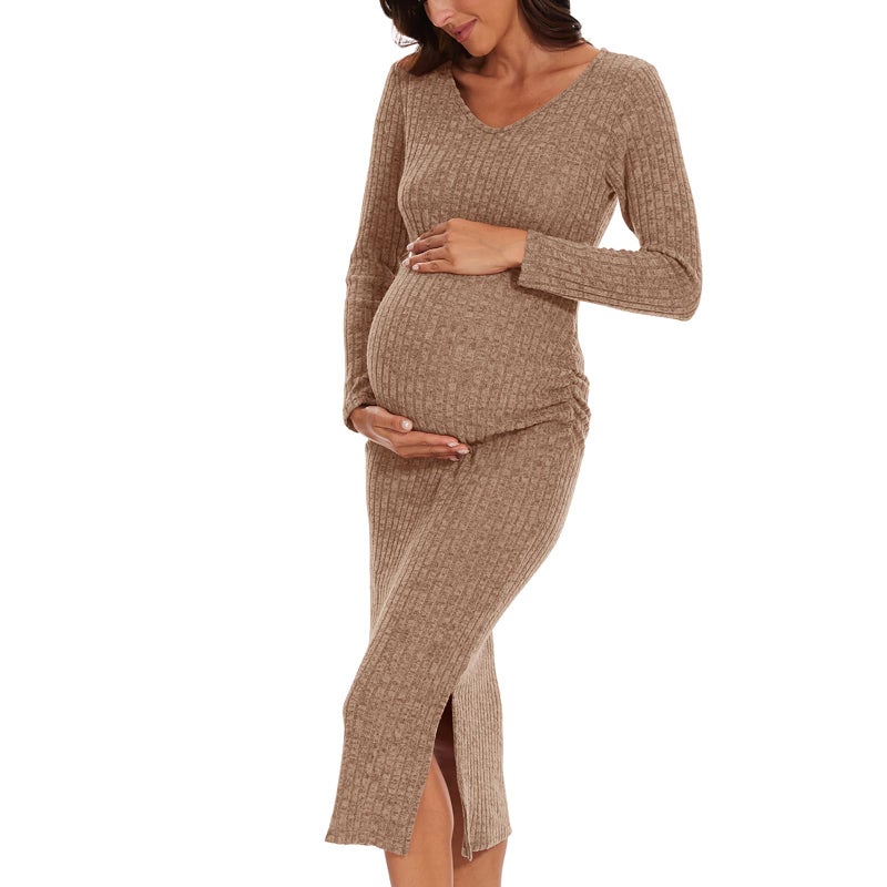 LAHILO Long Sleeve Maternity Sweater Dress for Fall Winter Baby Shower & Photoshoot - Women's Pregnancy Maternity Dresses Camel - Image 1