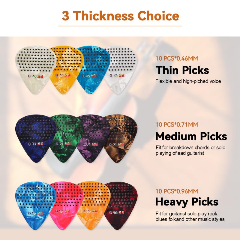 Fematin 30 Packs Guitar Picks with Grips Non-slip, Includes Thin Medium Heavy Guitar Pick 0.46 0.71 0.96mm, Variety Colorful with Holder and Storage Case for Acoustic Electric Guitar Bass Ukulele - Image 3