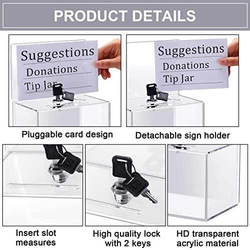 Tuanse 8 Packs Acrylic Donation Box with Lock and Sign Holder Clear Suggestion Ballot Box Plastic Voting Comment for Tip Jars Ticket Charity Survey Raffle Contest Fundraising, 6.1 x 4.3 x 3.8 Inch (Clear) - Image 3