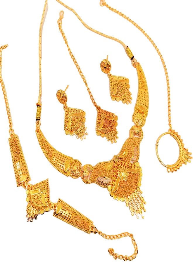 SDR Traditional Gold-Plated Indian Jewellery Set, Necklace Earrings Ring Bracelet, Floral Design - Image 1