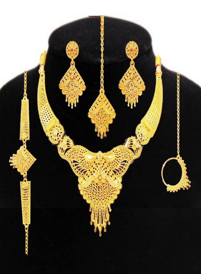 SDR Traditional Gold-Plated Indian Jewellery Set, Necklace Earrings Ring Bracelet, Floral Design - Image 2