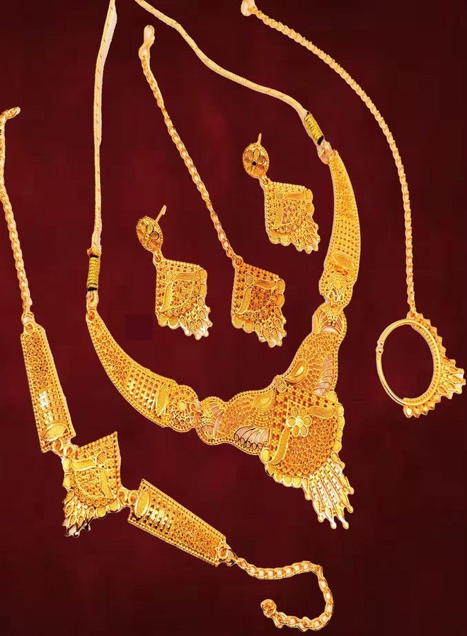 SDR Traditional Gold-Plated Indian Jewellery Set, Necklace Earrings Ring Bracelet, Floral Design - Image 3