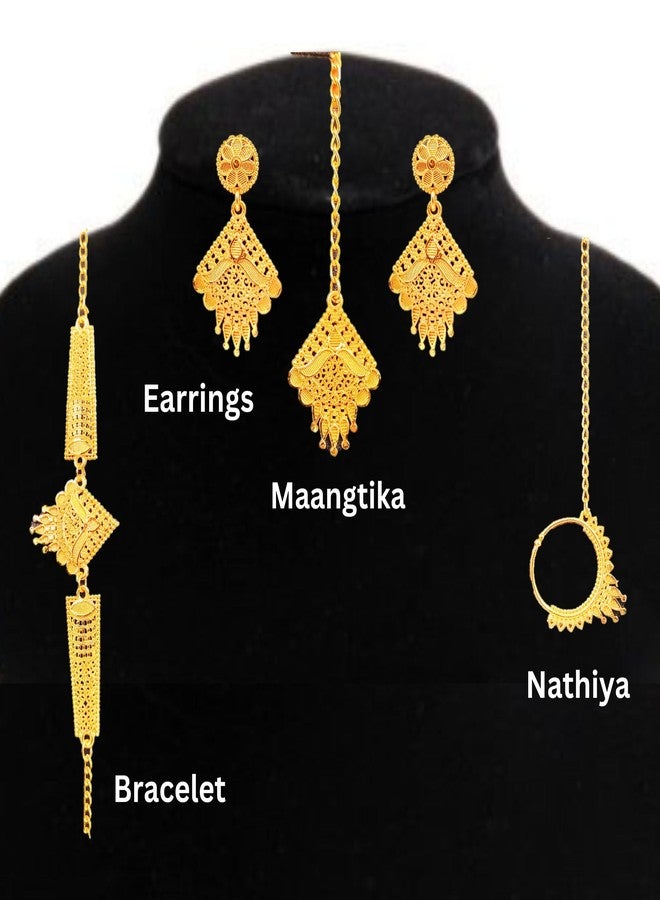 SDR Traditional Gold-Plated Indian Jewellery Set, Necklace Earrings Ring Bracelet, Floral Design - Image 5
