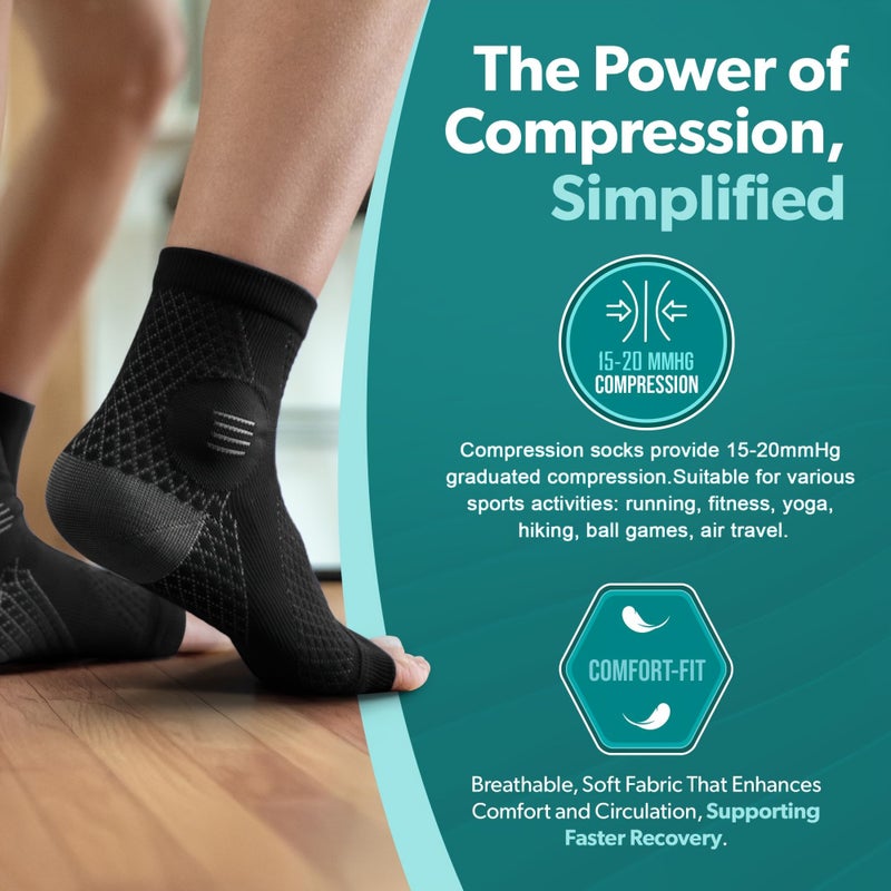 Black L XL Compression Ankle Socks Pack Of 4 With Arch Support Open Toe - Image 5
