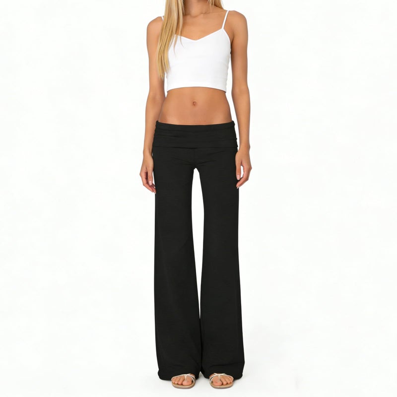 FOMOYUU Lounge Yoga Pants for Women Fold Over Low Waist Wide Leg Sweatpants Flare Leggings Bell Bottoms Y2K Foldover Pants (Black, S) - Image 2