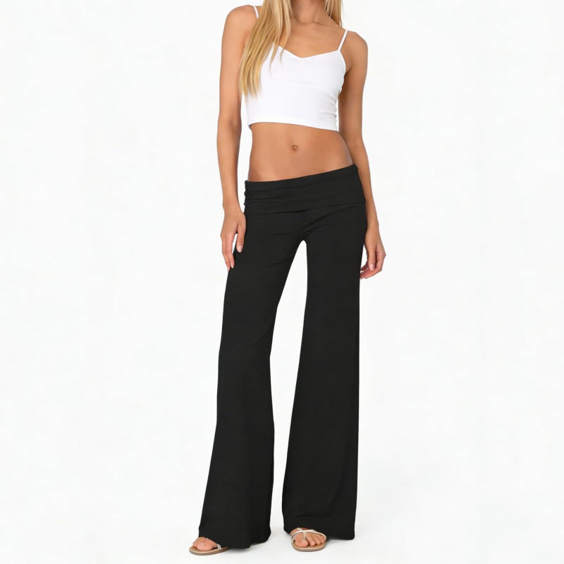 FOMOYUU Lounge Yoga Pants for Women Fold Over Low Waist Wide Leg Sweatpants Flare Leggings Bell Bottoms Y2K Foldover Pants (Black, S) - Image 4