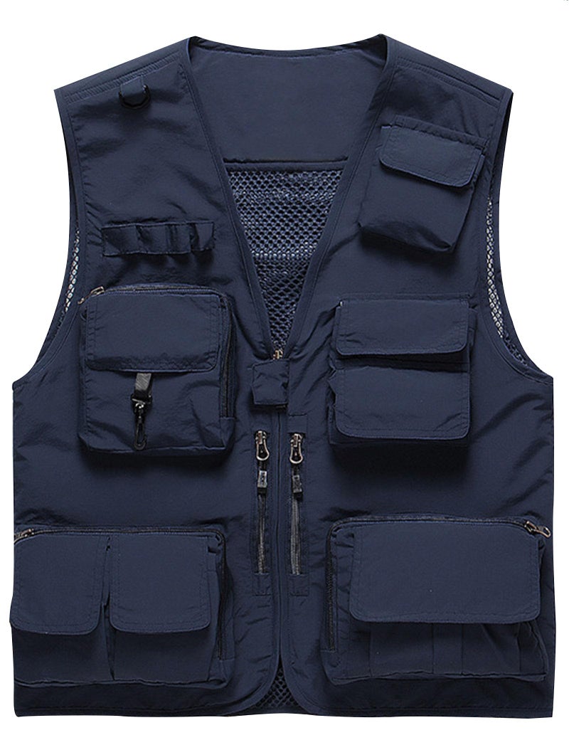 Flygo Mens Casual Lightweight Outdoor Fishing Work Safari Travel Photo Cargo Vest Jacket Multi PocketsXLarge Navy Blue