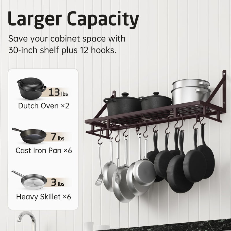 KES 30-Inch Oiled Bronze Pot Rack, Wall Mounted Hanging Pot and Pan Organizer with 12 Sturdy Hooks, Kitchen Wall Hanger Shelves Farmhouse Style, KUR215S75A-OB - Image 3