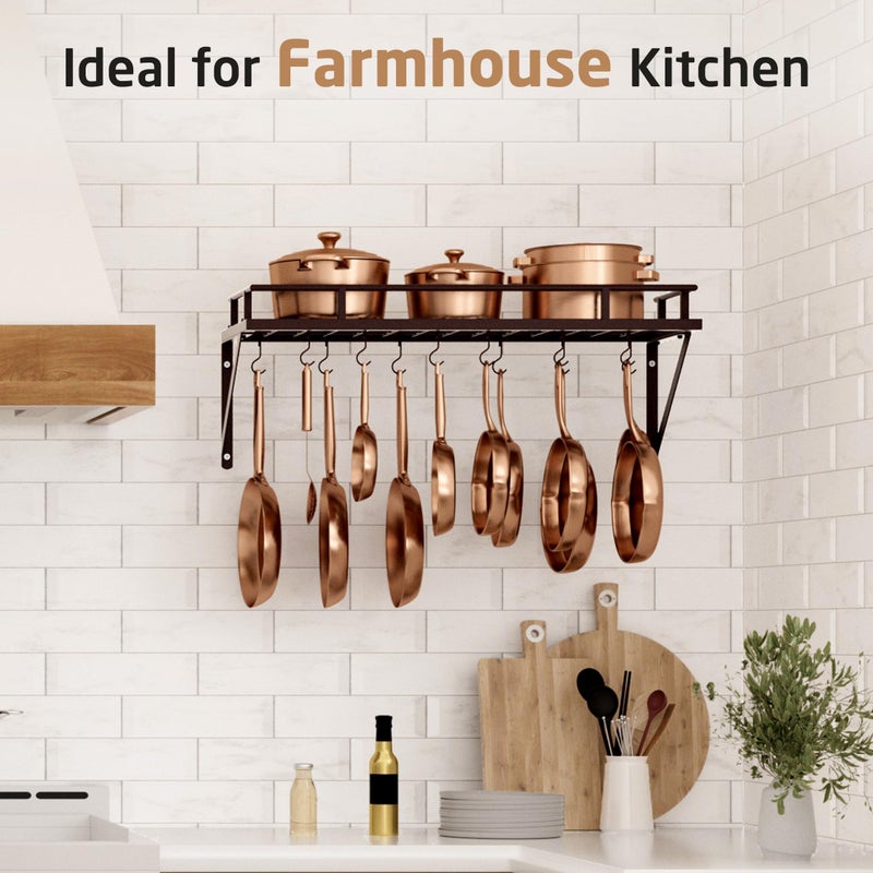 KES 30-Inch Oiled Bronze Pot Rack, Wall Mounted Hanging Pot and Pan Organizer with 12 Sturdy Hooks, Kitchen Wall Hanger Shelves Farmhouse Style, KUR215S75A-OB - Image 2