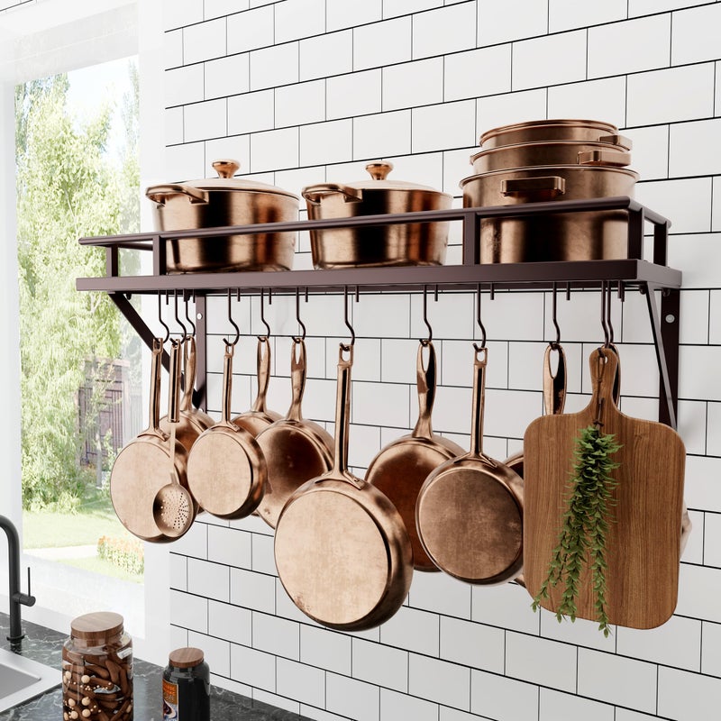 KES 30-Inch Oiled Bronze Pot Rack, Wall Mounted Hanging Pot and Pan Organizer with 12 Sturdy Hooks, Kitchen Wall Hanger Shelves Farmhouse Style, KUR215S75A-OB - Image 1