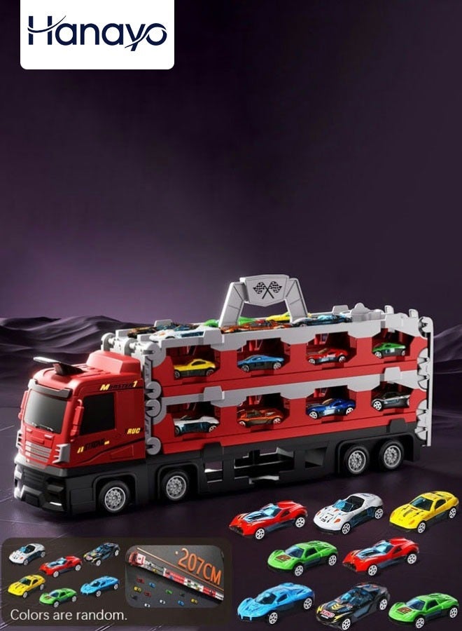Hanayo Car Transporter Toy Truck Catapulting And Shoo-ting Big Truck with 207cm Ejection Race Track and 8 PCS Metal Racing Cars Hauler Truck Carrier Truck Toy With Folding Ejection Race(Red) - Image 1