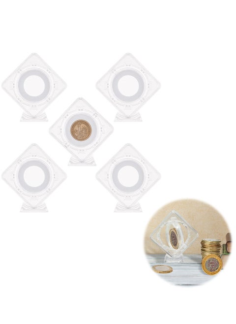 5 Pcs Acrylic Coin Display Stand for 8 Size Coin 0.7~1.6 inch Diameter Square Clear Coin Display Holder, 3D Rotatable Floating Coin Capsules Frame for Antique Challenge Coin
