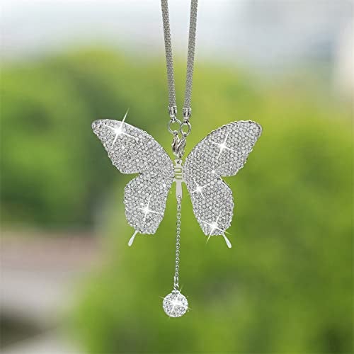 WedFeir Bling Butterfly Diamond Car Accessories - Crystal Rear View Mirror Charms for Women, Valentine's Day Gifts - Silver - Image 2
