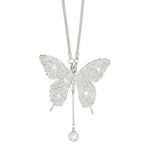 WedFeir Bling Butterfly Diamond Car Accessories - Crystal Rear View Mirror Charms for Women, Valentine's Day Gifts - Silver - Image 1