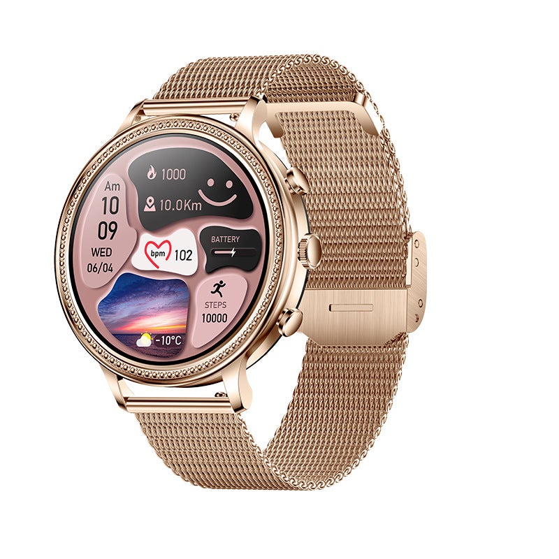2023 V60 1.39 Touchscreen Smartwatch for Women Heart Sleep Monitor Golden Steel Belt