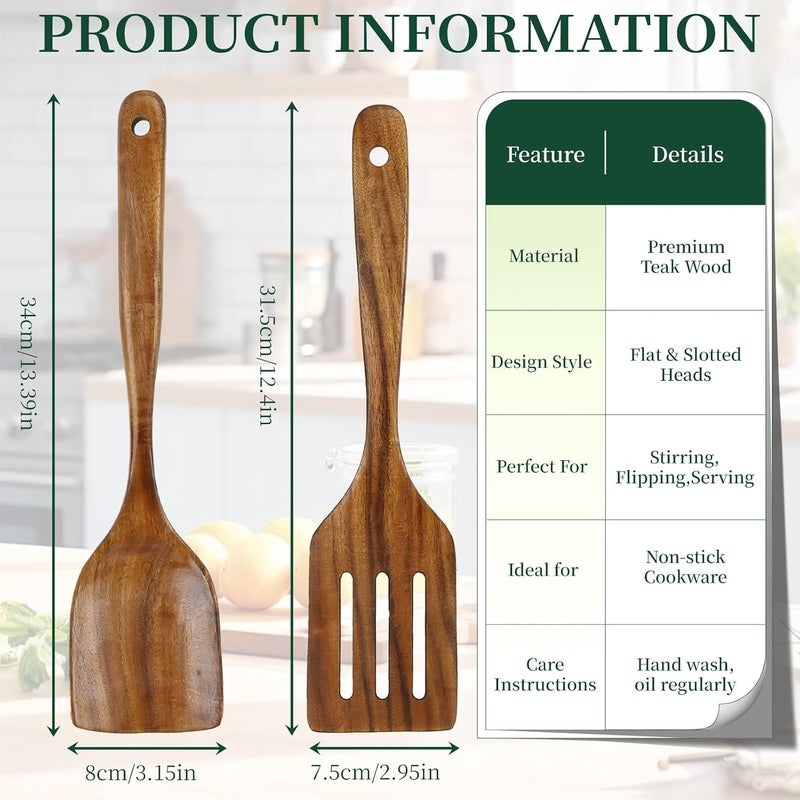 Bkiok Wooden Spatula for Cooking, Long Handle Teak Wood Spatula Set, Flat Turner and Slotted Spatula for Non-Stick Pans, Sautéing, and Flipping(2Pcs) - Image 4