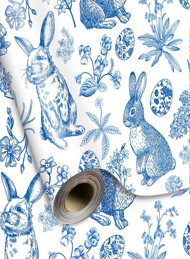 وولاين ورق تغليف هدايا عيد الفصح من والين - لفة صغيرة - 17 بوصة × 32.8 قدم، ورق تغليف هدايا أزرق مزين بزهرة وبيضة أرنب، مثالي لتغليف هدايا عيد الفصح وحفلات الربيع - Image 1
