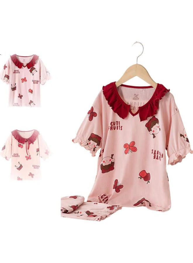 Top melon Dingguagua Girls' Pajama Set, Pure Cotton Short-Sleeve, Class A Breathable, Children'S Home Wear, For Older Children, Pink, Size 160 - Image 3