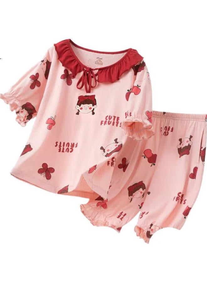 Top melon Dingguagua Girls' Pajama Set, Pure Cotton Short-Sleeve, Class A Breathable, Children'S Home Wear, For Older Children, Pink, Size 160 - Image 2