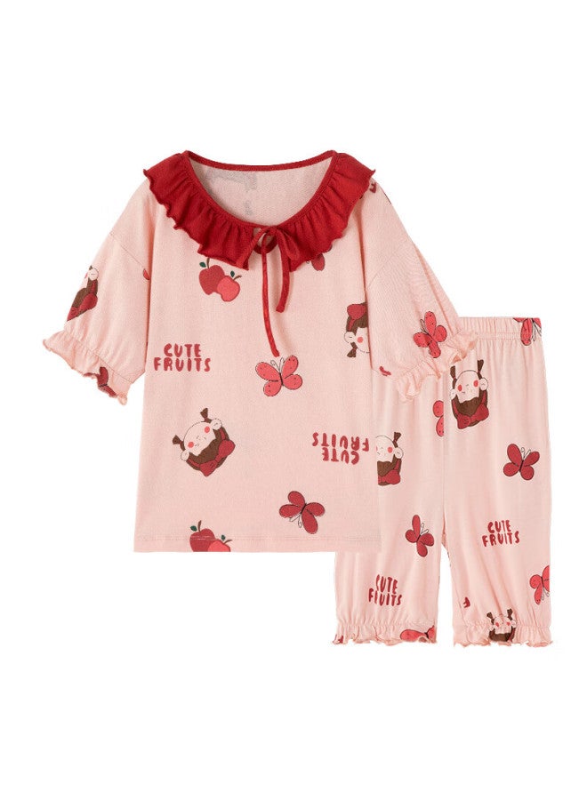 Top melon Dingguagua Girls' Pajama Set, Pure Cotton Short-sleeve, Class A Breathable, Children's Home Wear, For Older Children, Pink, Size 160 - Image 4