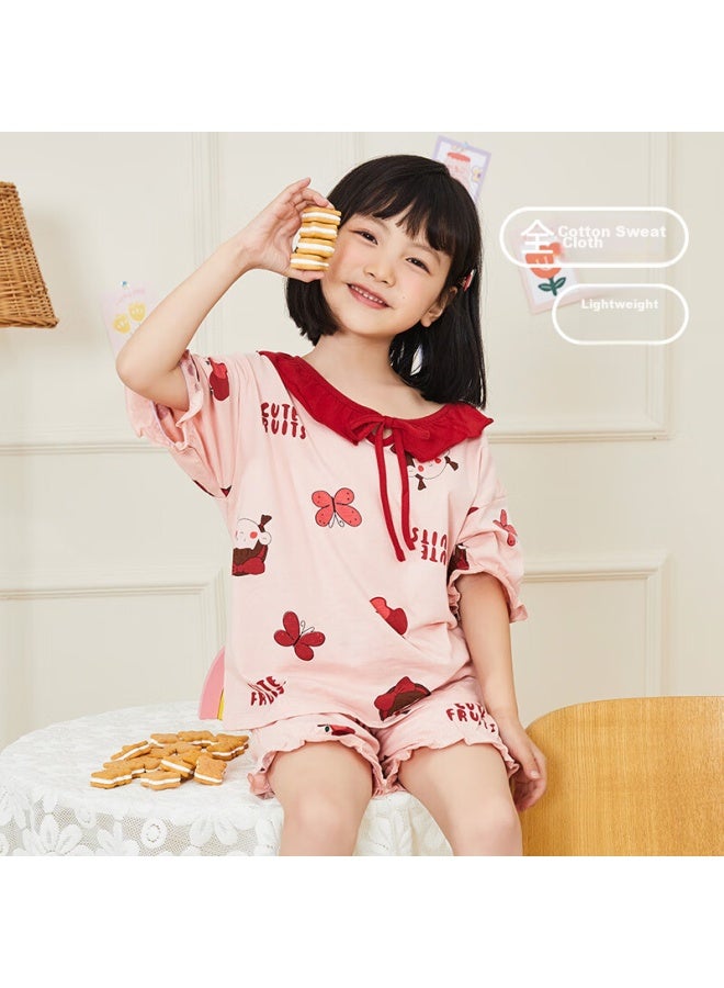 Top melon Dingguagua Girls' Pajama Set, Pure Cotton Short-sleeve, Class A Breathable, Children's Home Wear, For Older Children, Pink, Size 160 - Image 2