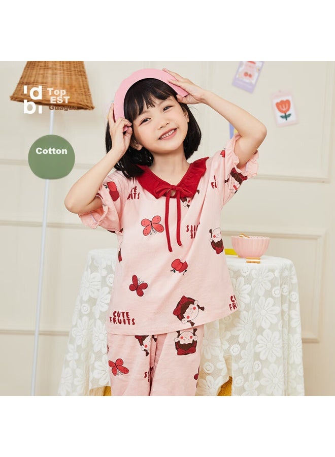 Top melon Dingguagua Girls' Pajama Set, Pure Cotton Short-sleeve, Class A Breathable, Children's Home Wear, For Older Children, Pink, Size 160 - Image 1
