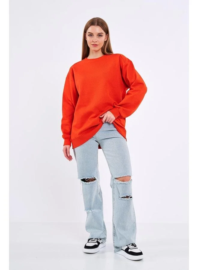 Mmetalic Orange Women's Cotton Oversize Basic Crew Neck Sweatshirt