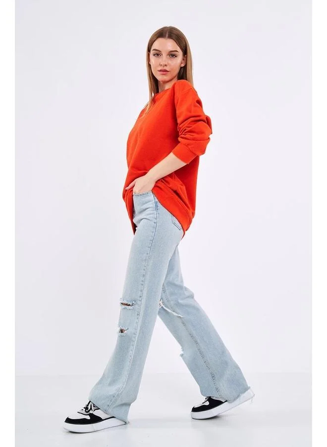 Mmetalic  Orange Women's Cotton Oversize Basic Crew Neck Sweatshirt for Women | Best Price UAE