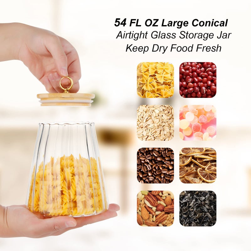 FANTESTICRYAN Glass Coffee Nuts Canister Airtight Storage Jar Petal Decorative Container with Bamboo Lid Metal Handle Easy to Grasp 1600ml, 54 FL OZ (Large Conical) - Image 4