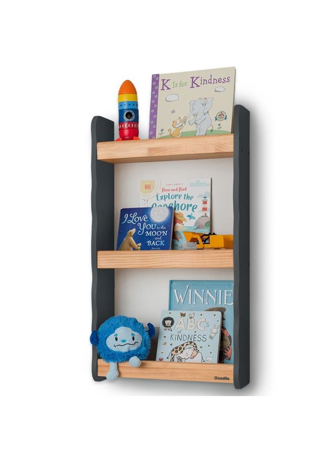 Ocodile Floating Kids Bookshelf – 3-Tier Wall Mounted Bookshelf for Nursery & Playroom – Montessori Floating Shelves for Kids Room Made of Pine Wood with Smooth Finish - Gray - Image 1