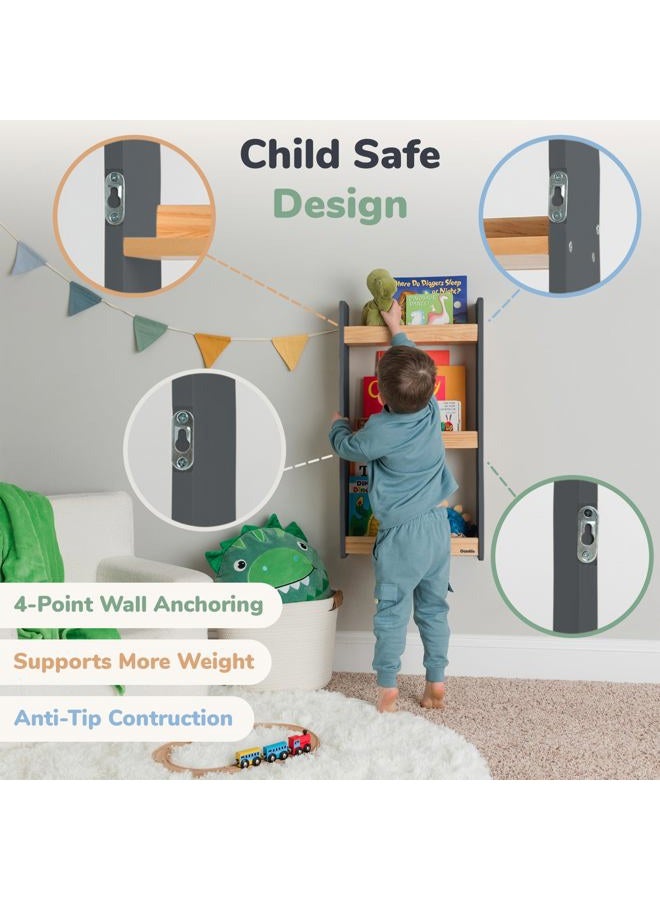Ocodile Floating Kids Bookshelf – 3-Tier Wall Mounted Bookshelf for Nursery & Playroom – Montessori Floating Shelves for Kids Room Made of Pine Wood with Smooth Finish - Gray - Image 2