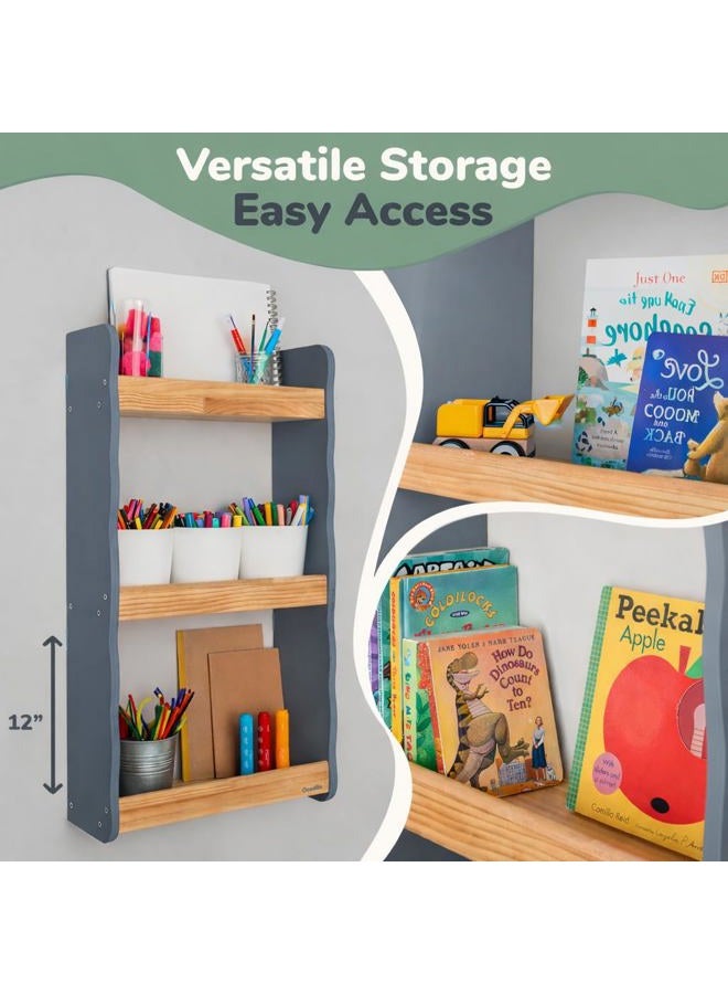 Ocodile Floating Kids Bookshelf – 3-Tier Wall Mounted Bookshelf for Nursery & Playroom – Montessori Floating Shelves for Kids Room Made of Pine Wood with Smooth Finish - Gray - Image 5