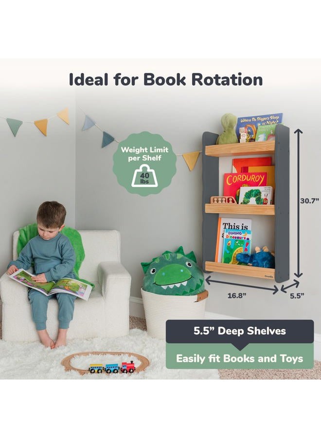 Ocodile Floating Kids Bookshelf – 3-Tier Wall Mounted Bookshelf for Nursery & Playroom – Montessori Floating Shelves for Kids Room Made of Pine Wood with Smooth Finish - Gray - Image 4